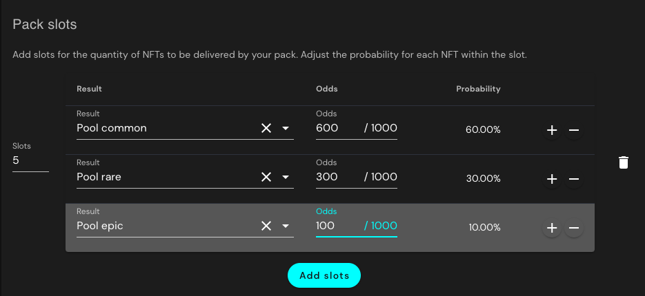 5 slots with results from common, rare and epic pools