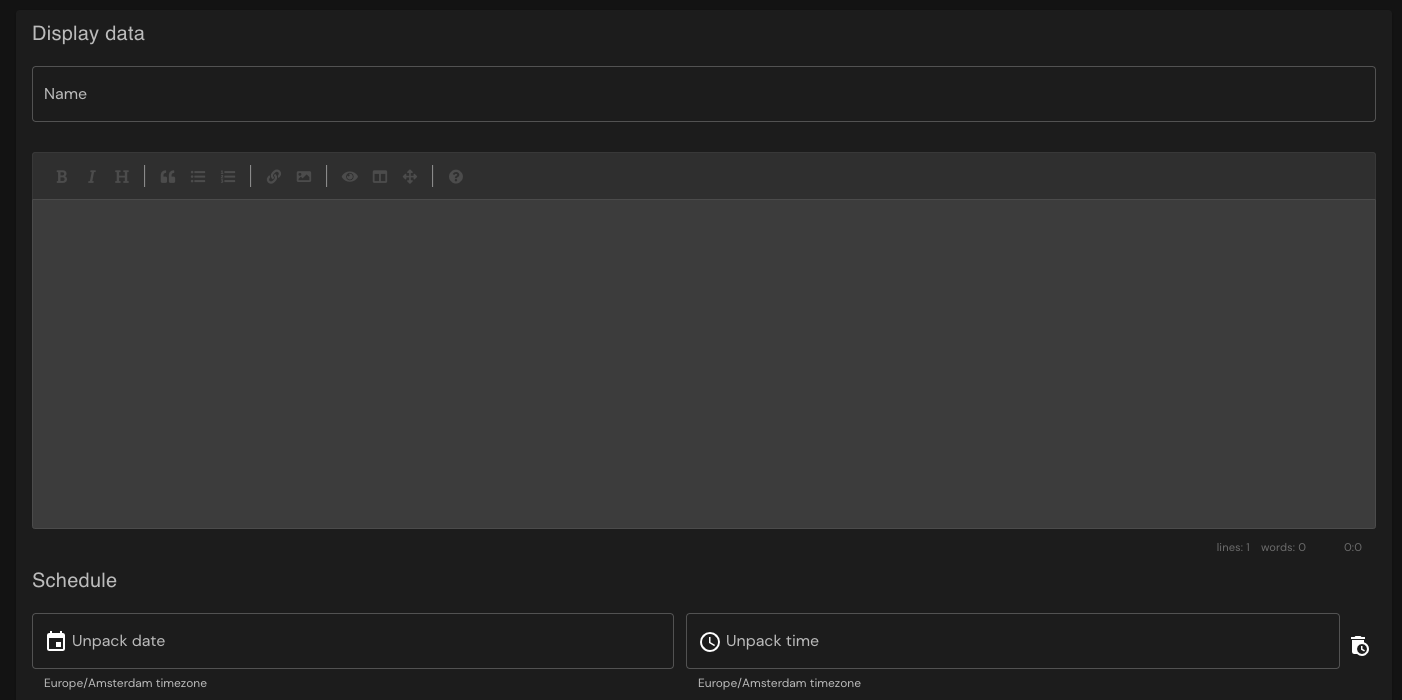 Name, description, opening date and time input fields