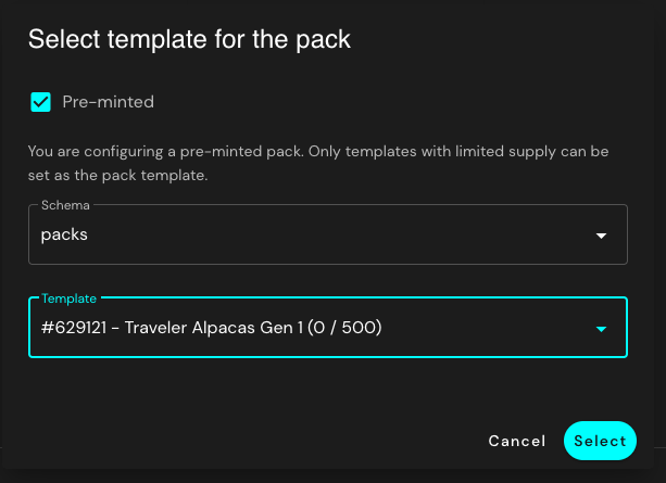 Pre-minted pack creation select pack template